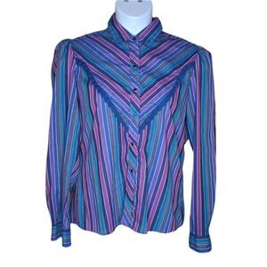 VINTAGE 70s pink‎ purple striped western cowgirl button up festival shirt L